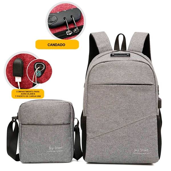 MOCHILA ANTIROBO C/ BOLSA DE HOMBRO Y CABLE USB- GRIS